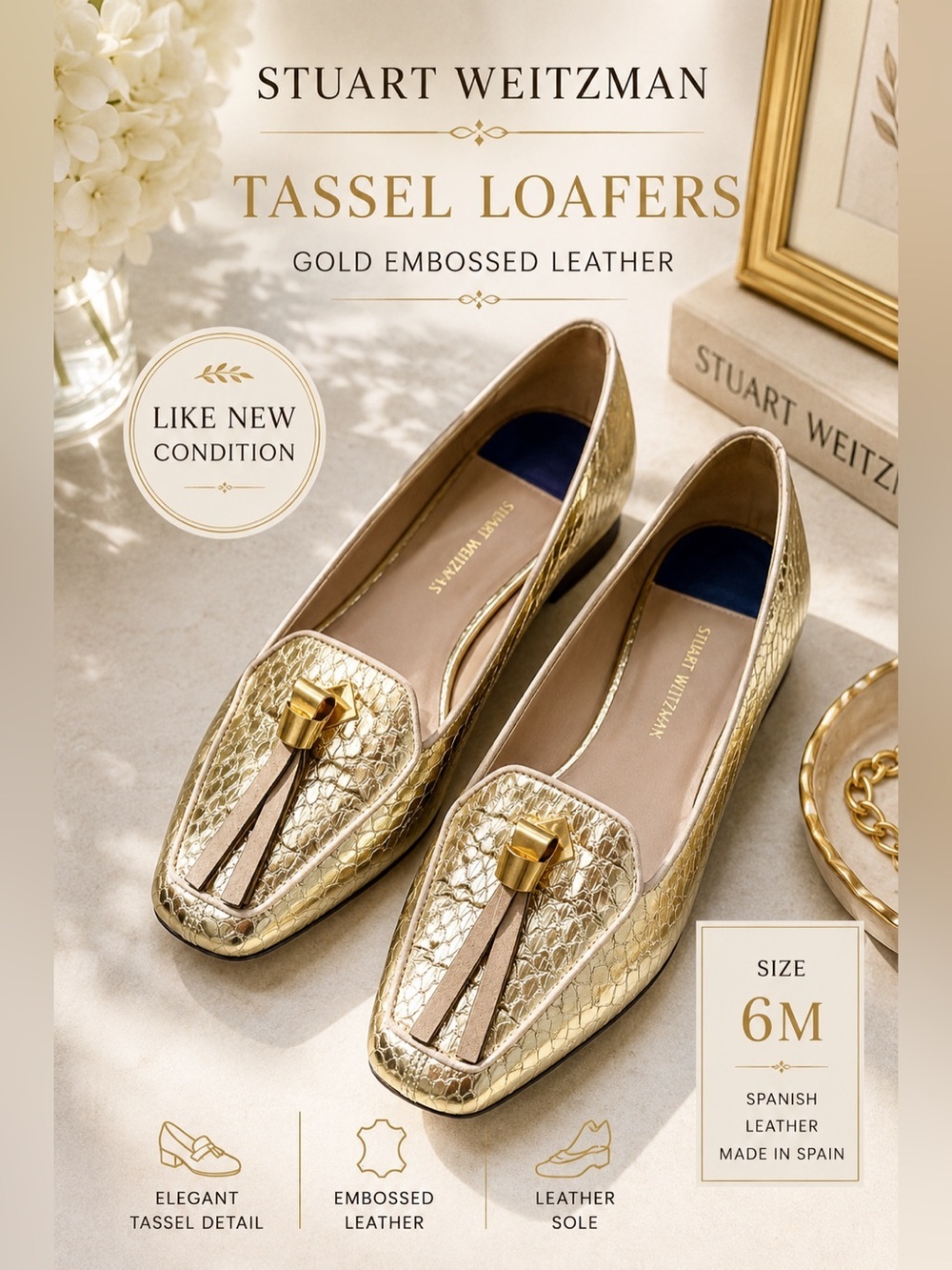 Stuart Weitzman Gold Metallic Embossed Leather Tassel Loafers 6M